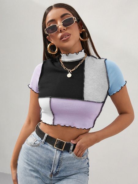 

colorblock contrast stitch lettuce trim rib-knit tee b4ek#, White
