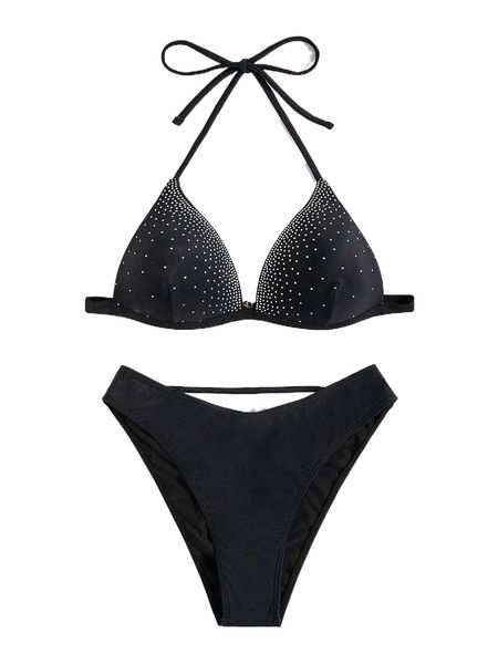 

rhinestone studded halter push up bikini swimsuit h5le#, White;black
