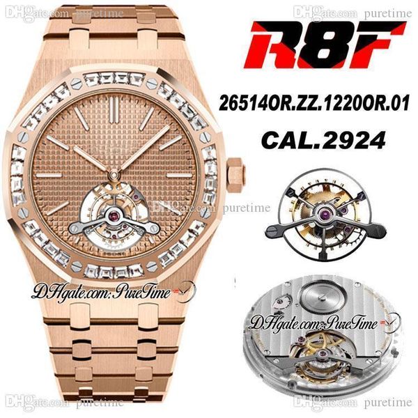R8F 2652 Real Tourbillon meccanico a carica manuale orologio da uomo in oro rosa con diamanti lunetta champagne quadrante tapisserie cinturino in acciaio inossidabile Super Edition Puretime G7
