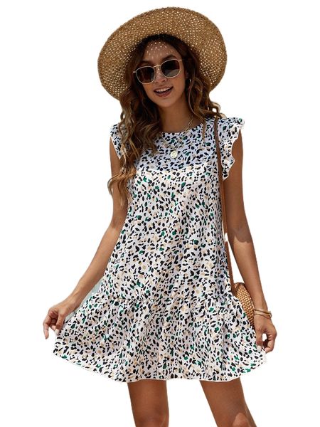 

allover print ruffle trim dress w4na#, Black;gray