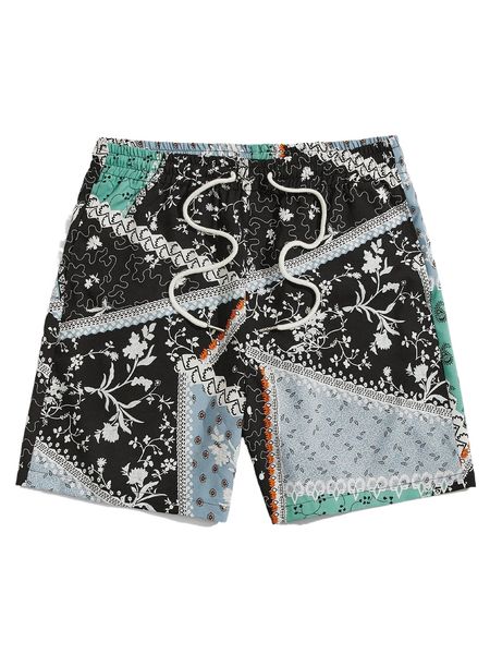 

men floral print drawstring waist shorts a8l4#, White;black