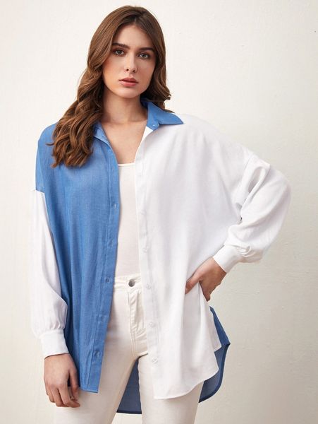 

two tone drop shoulder high low blouse 37dr#, White