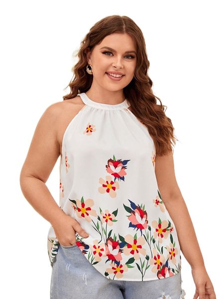

plus floral print keyhole back halter l7pm#, Black