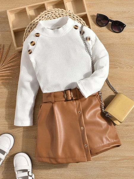 

toddler girls double breasted raglan sleeve & buckled belted skort she, White