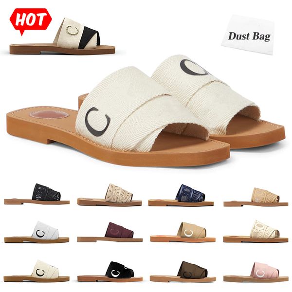 

2022 women slippers rubber sandals beach sliders scuffs shoes designer canvas woven outdoor peep toe black woody casual slipper letter styli