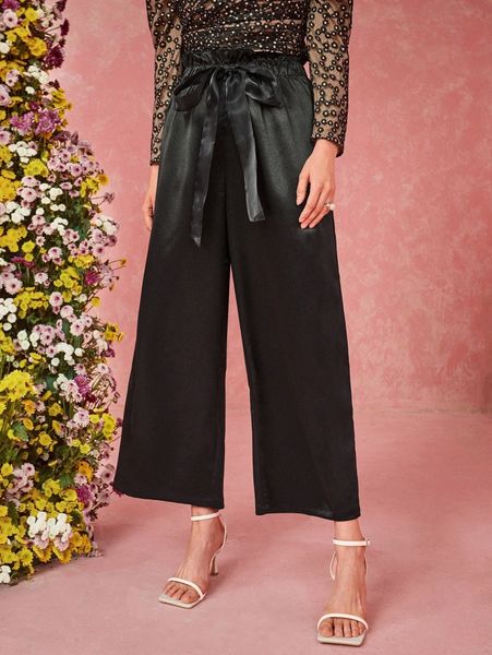 

paperbag waist wide leg satin pants x4bk#, Black;white