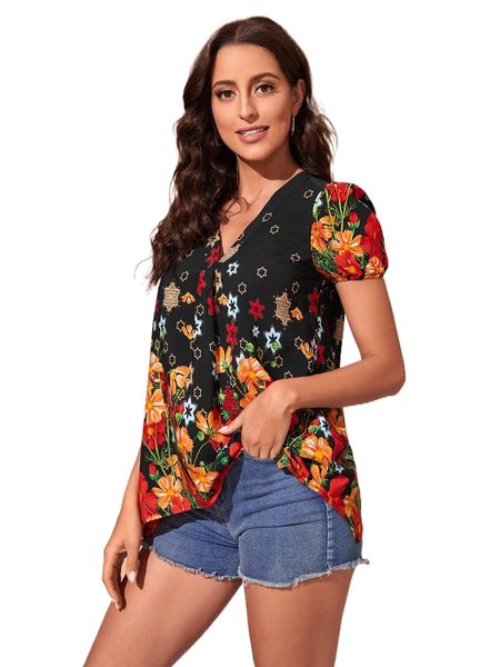 

emery rose floral print v neck blouse 636k#, White