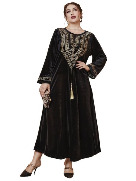 

plus velvet tassel detail embroidery dress j2ox#, Black