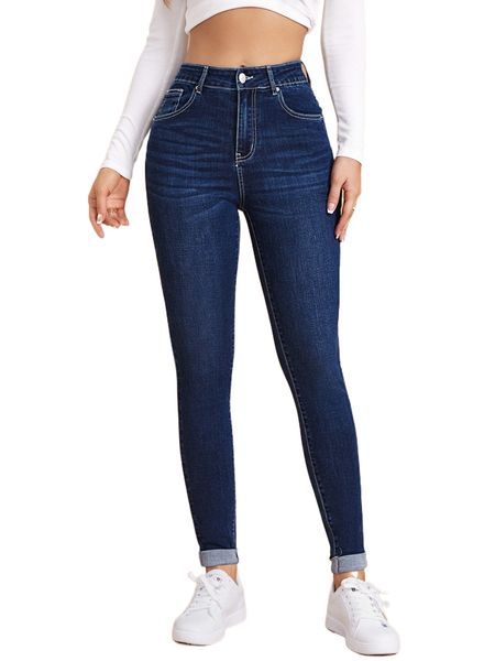 

cat whisker washed rolled hem skinny jeans l7j5#, Blue