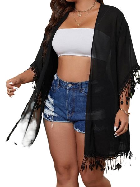 

plus tassel decor open front kimono 36fn#, Black;gray