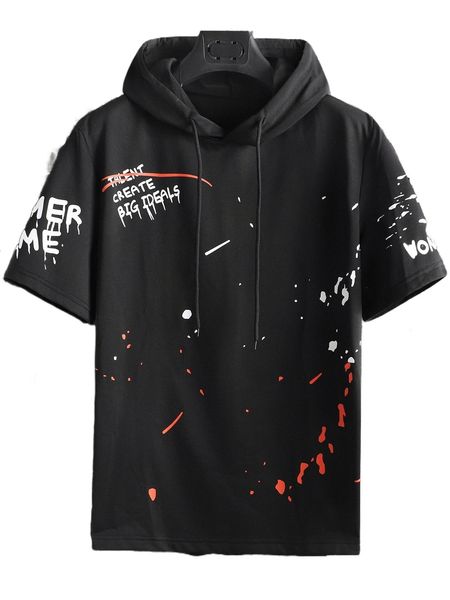 

men splash ink & letter graphic drawstring hooded tee 08jm#, White;black
