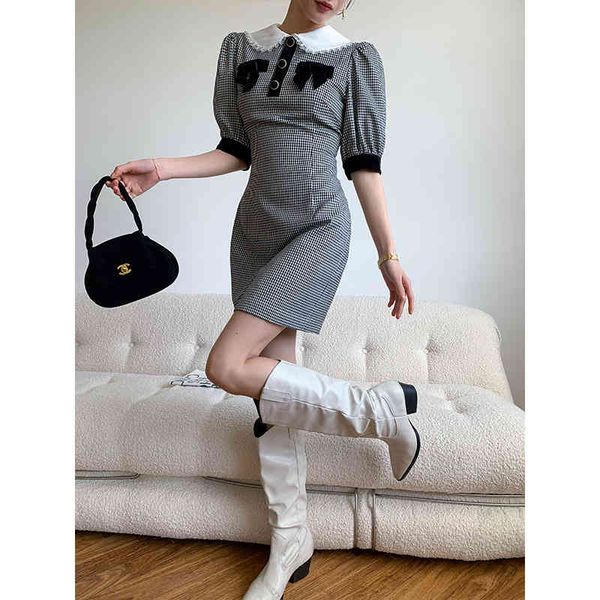 

casual dresses women's autumn bubble sleeve doll collar dress romantic aestheticism checkered one-step skirt short 3hd6, Black;gray