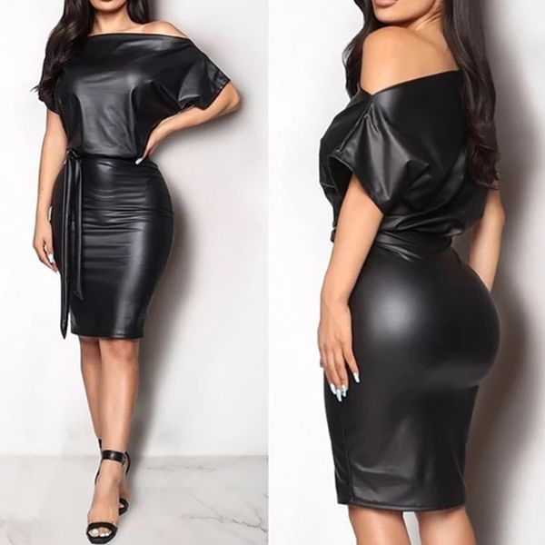 Модные повседневные платья черные асимметричные сексуальные искусственные кожаные платья для бодисоконов Женщины лето с коротким рукавом колена для карандашной одежды одежда