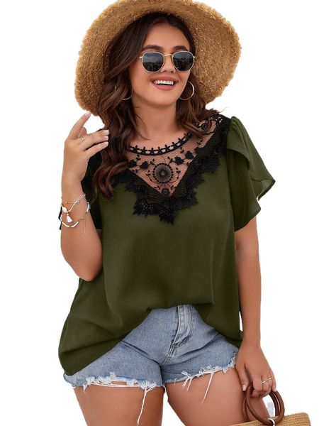 

plus contrast lace petal sleeve blouse z9km#, Black
