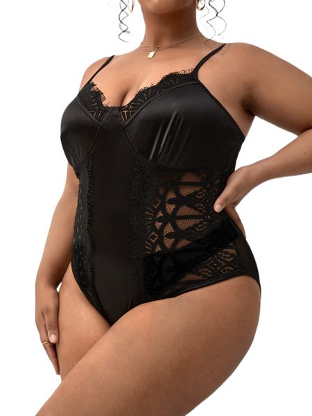 

plus mesh panel bustier lace cami bodysuit without panty 22gc#, Black