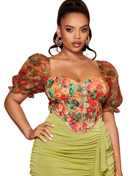 

bae plus floral print puff sleeve curved hem bustier w5tc#, Black