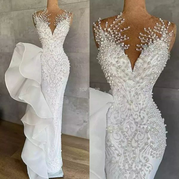 Vestidos de noiva de sereia de pérolas luxuosas de cristais de renda de renda de jóia de lanterna vestidos de noiva de lantejoulas de mariee ee