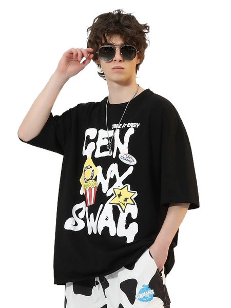 

men popcorn & slogan graphic drop shoulder tee d2cg#, White;black