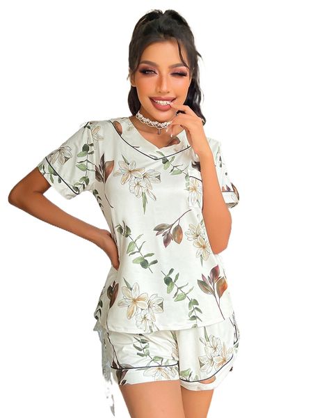 

floral print contrast piping pj set r3i3#, Black;red