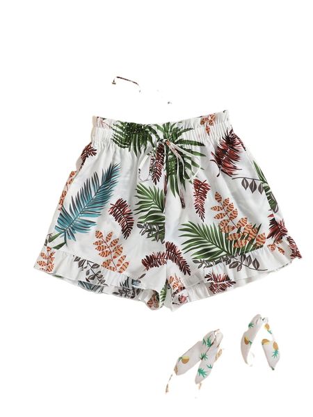 

emery rose tropical print paperbag knot waist ruffle hem shorts m1b9#, White;black