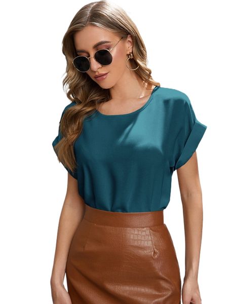 

solid rolled sleeve blouse 616g#, White
