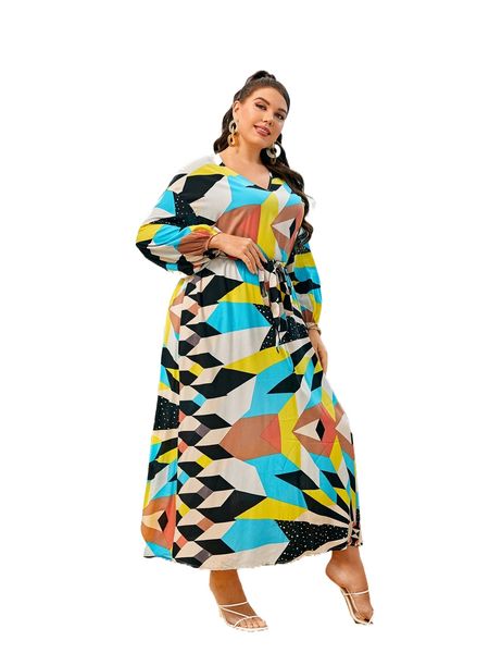 

plus geo print colorblock bishop sleeve belted dress b8bc#, Black