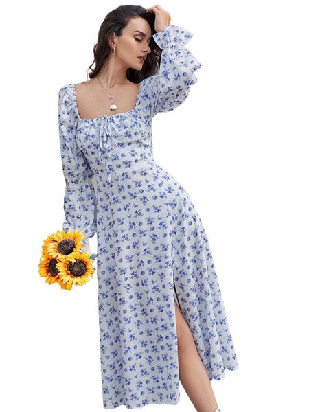 

allover floral side split dress p7j8#, Black;gray