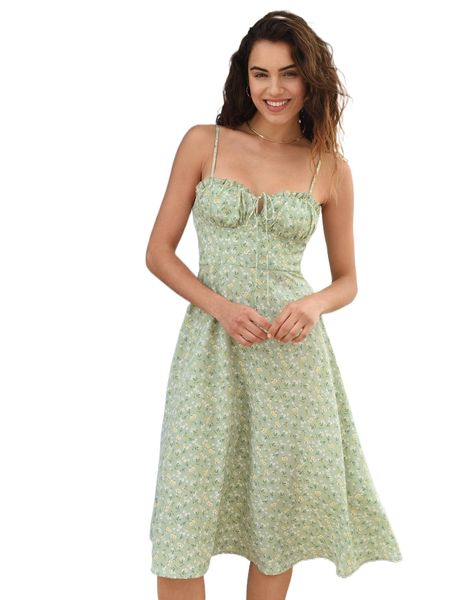 

ditsy floral print tie front ruched bust cami dress 94ui#, Black;gray