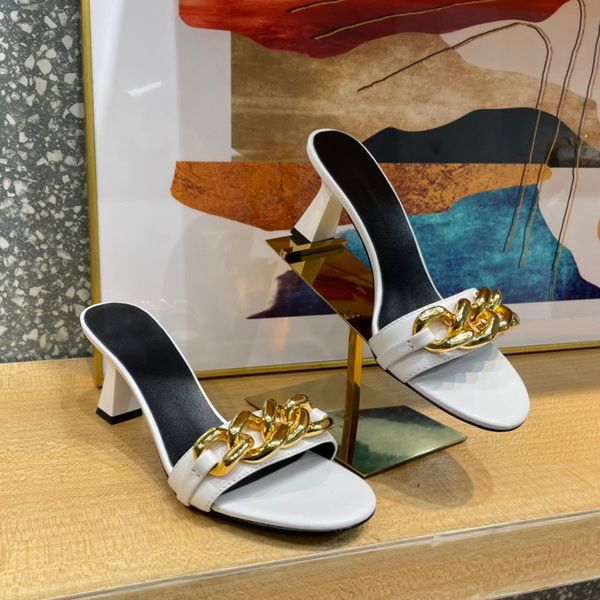 

meduza chains embellished mid-heeled slide sandals slippers mules white leather block heels slip-on round open toe for women luxury designer, Black