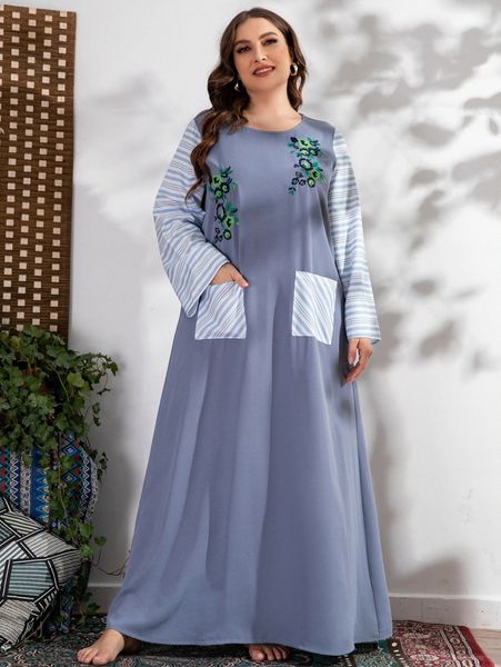 

plus striped patched pocket floral embroidered tunic dress h9nf#, Black