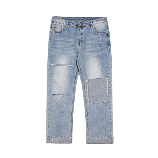 

22ss 1 big hole ripped design washed jeans men women eu size heavy fabric pants fashion, Blue