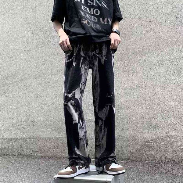

tie dye black jeans men's fashion retro casual straight jeans men japanese streetwear hip hop loose denim pants mens trousers t220726, Blue