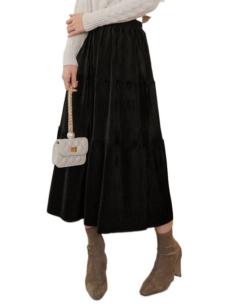 

dazy high waist ruffle hem velvet skirt l7jl#, Black