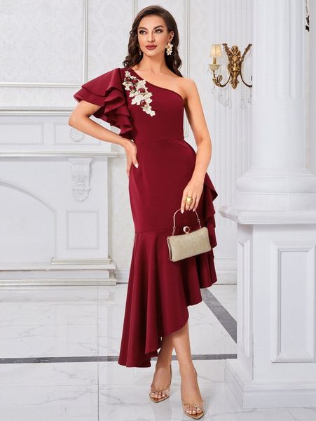 

one shoulder flounce sleeve appliques asymmetrical hem dress i4t2#, Black;gray