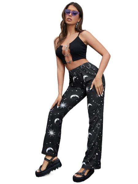 

galaxy print elastic waist pants u5sj#, Black;white