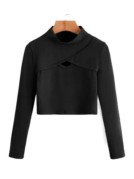 

solid mock neck cut out crop tee s30o#, White