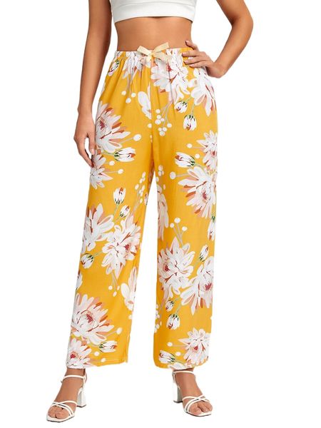 

floral print elastic waist bow front pants g5qc#, Black;white