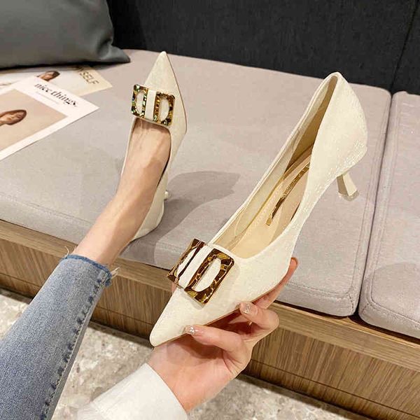 

sandals spring pointed high heels women's french thin temperament versatile medium heel shallow mouth metal buckle single shoes uxgv, Black