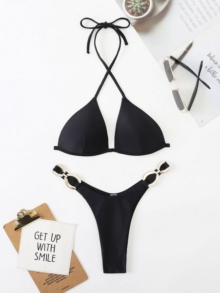 

ring linked halter push up bikini swimsuit 56qj#, White;black