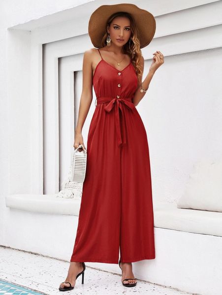 

button front belted cami jumpsuit m1fo#, Black;white