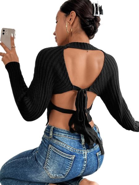 

cut out tie back sweater 80jz#, White;black
