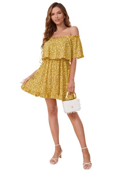 

d.itsy f.loral o.ff s.houlder r.uffle trim d.ress o8aw#, Black;gray