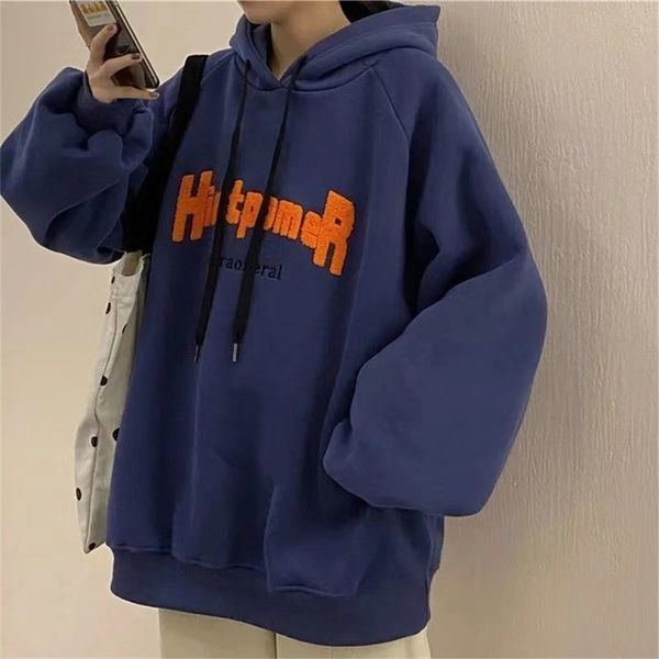 

plus velvet padded hooded sweatshirt women autumn and winter letters loose korean style streetwear harajuku hoodie 210729, Black