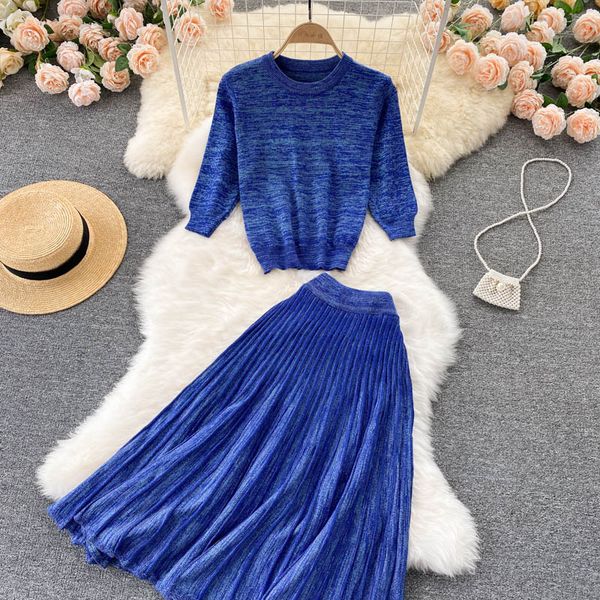 

autumn elegant women bright silk knitted two piece dress set new fashion half sleeve pleated skirt ladies solid casual suit 2022, White