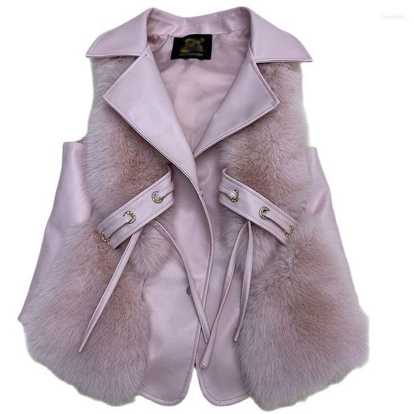 Pelliccia sintetica da donna HJQJLJLS 2022 Gilet di qualità di lusso da donna Colletto rovesciato Cappotto patchwork in pelle Giacca bianca rosa