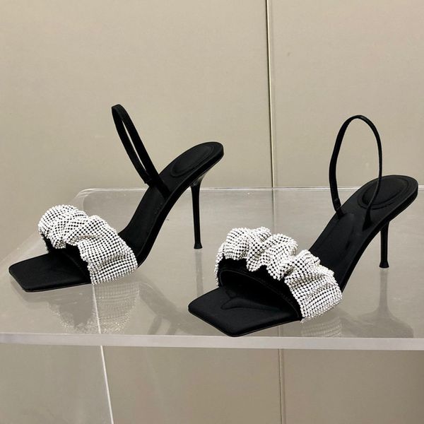 

2022 womens fashion summer high stiletto heel sandal ladies luxury designer square peep toe crystal rhinestoen slipper shoes, Black
