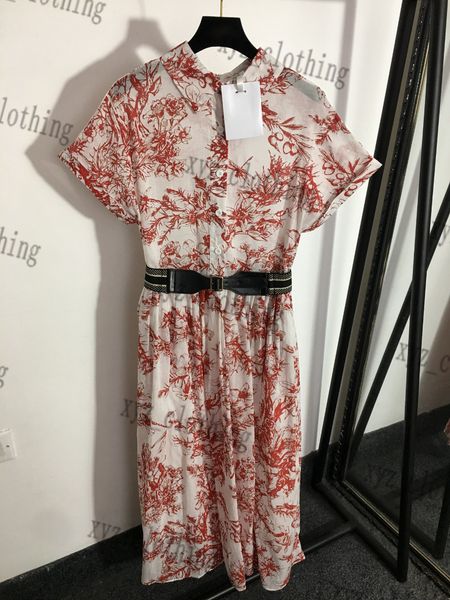 

summer 2022ss womens designer dresses lovely pink high-end tropical jungle print button fly small standing collar custom belt design short s, Black;gray