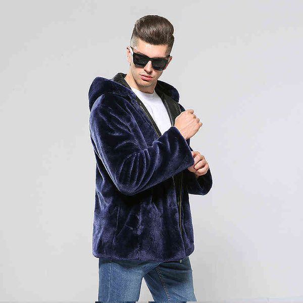 Männer Dunkelblau Faux Pelzmantel Faux Nerz Pelz Flauschige Warme Jacke Männer Hoodie Dicke Plus Größe Winter Lose Weste männlichen Xxxx L220725