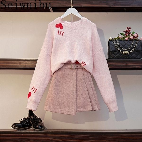 Свободный стиль рыхлый вязаный рисунок сердца свитер топ стволы шерсть алиновая мини -юбка Женская модная 2 куска набор розовой юбки набор T200325