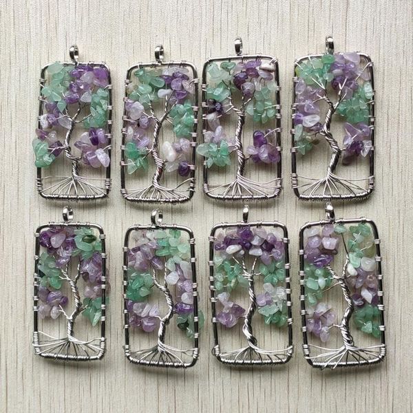 

pendant necklaces wholesale 8pcs/lot fashion natural fluorite stone tree of life handmade wire wrapped pendants 30mm for jewelry marking fre, Silver